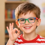 bambino sorridente con occhiali da vista colorati, indossa maglia bianca a righe orizzontali rosse e fa segno di OK
