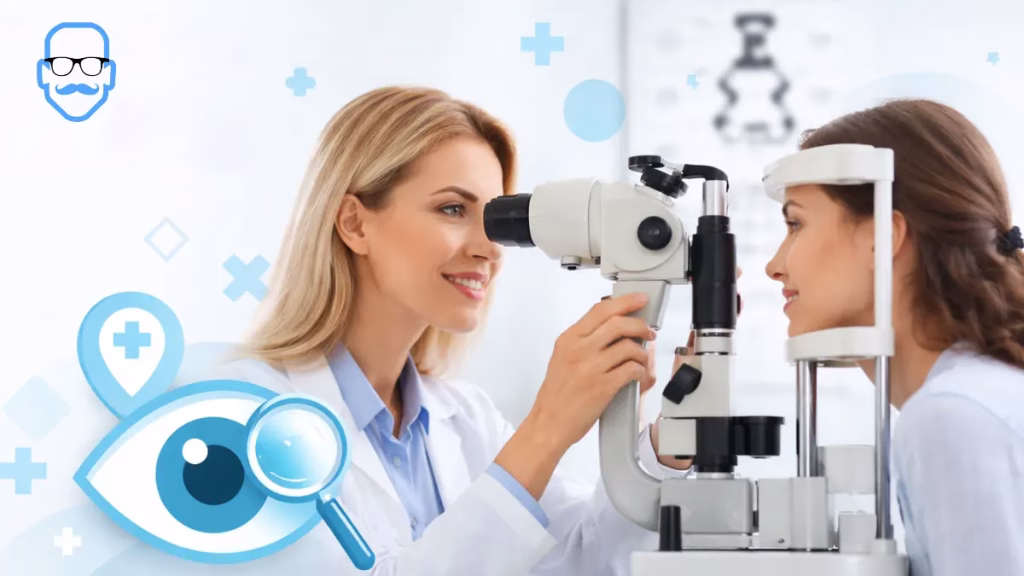 la foto mostra un oculista mentre fa una controllo dell occhio con la lampada a fessura