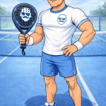 Mascotte di Ottico Digitale in tnuta da padel, con abbigliamento sportivo, azzurro e bianco, racchetta padel con logo ottico digitale