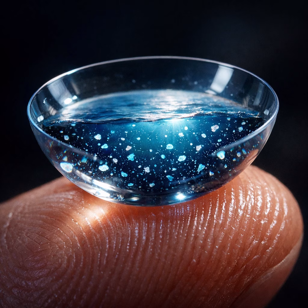 Primo piano artistico di una lente a contatto su un dito che riflette l'inquinamento da plastica negli oceani.