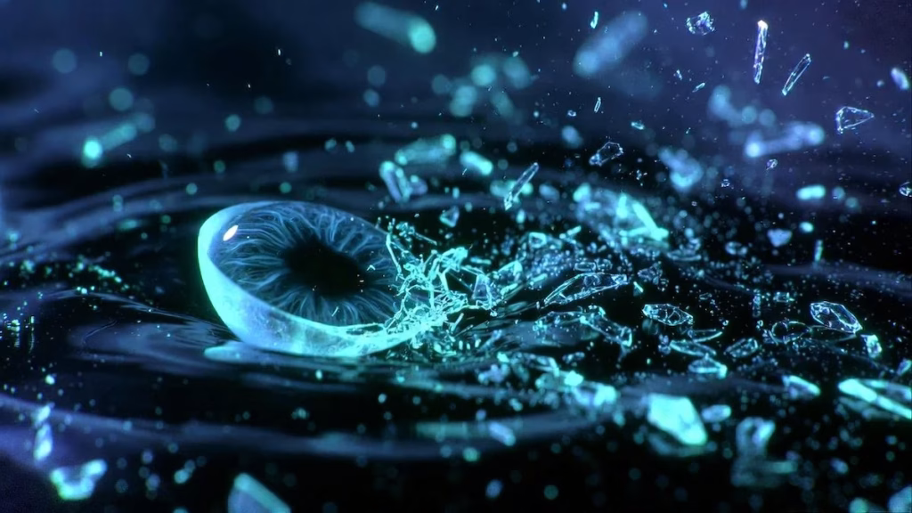 Fotografia macro di un occhio umano che mostra particelle microscopiche di plastica sulla superficie oculare e nell'umor vitreo.