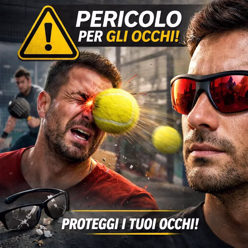 imamgine che rappresenta la pericolosità di una pallina da tennis o padel che colpisce il viso a oltre 100 km/h