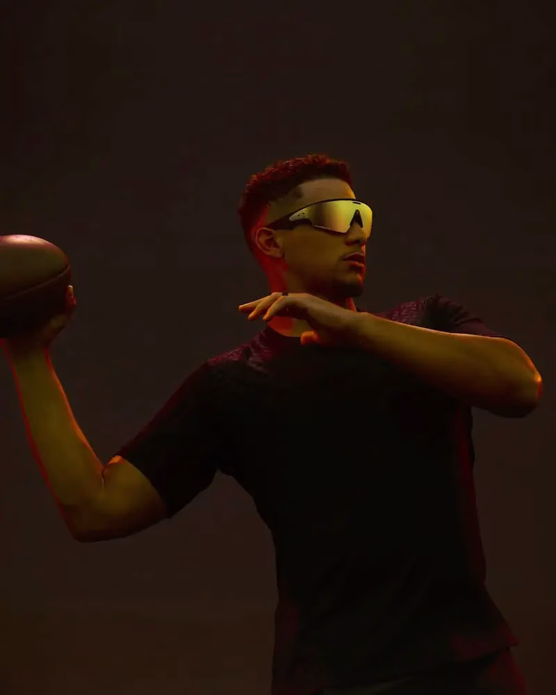Quarterback Patrick Mahomes wearing Oakley Meta Vanguard smart glasses.